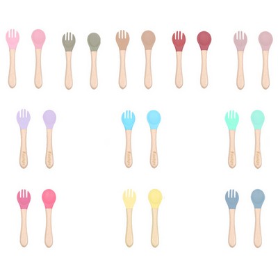 Baby Food Grade Wooden Handles Silicone Spoon Fork Cutlery