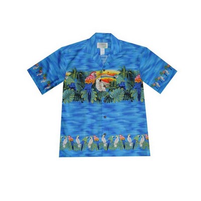 Blue Hawaiian Border Print Cotton Poplin Shirt w/ Button Front