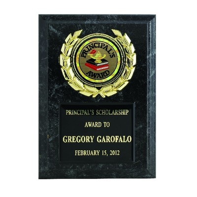 Simulated Black Marble Plaque w/Black Plate & Wreath Medallion Holder Takes Insert (5"x7")