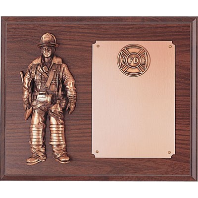 Walnut Finish Firefighter Plaque w/Bronze Figure & 2" Insert (10"x12")