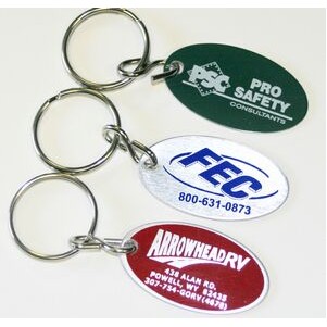 1 13/16" x 1" Oval Aluminum Key Fob w/ Epoxy Screen Printed Imprint. Made in the USA.