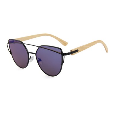 Bamboo Sunglasses - Blue Mirror Lenses - Black Frames