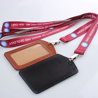 Polyester Lanyard- Leather ID Badge Holder