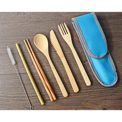 7.9" Reusable Bamboo Utensil Set in Cotton Holder