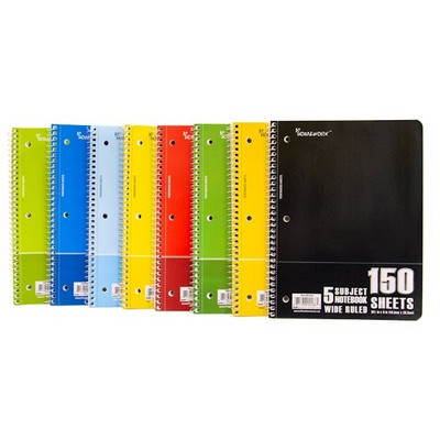 5 Subject Wide-Ruled Spiral Notebook - 150 Sheets, Assorted Colors (Ca