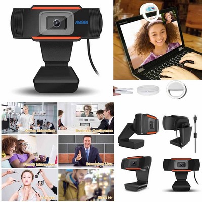 Kidder Webcam with Microphone for Desktop & Laptop Computer + Mini Ring Light