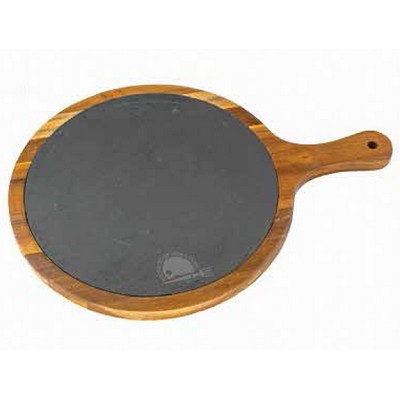 Large Flair Round Acacia Wood & Slate Serving Board w/Handle