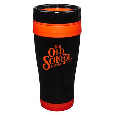 14 Oz. Formula Seven Stainless Steel Travel Mug with Black Lid And Orange Accents