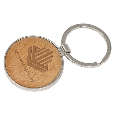 1 5/8" Silver/Wood Round Keychain