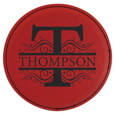 4" Round Red Laserable Leatherette Coaster