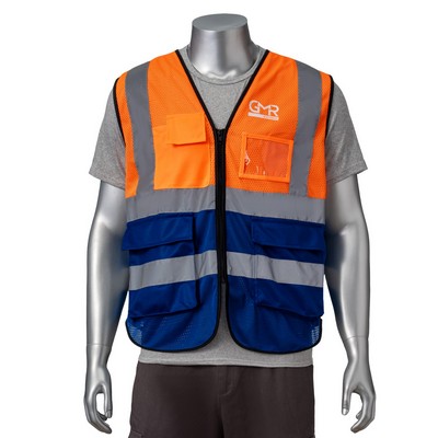 Hi Vis Class 2 - 3.8 oz. Polyester Double Band Reflective Tape Safety Vest With 4 Pockets