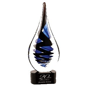 Art Glass w/ Blue, White & Black Twisted Rain Drop with Black Pedestal Base / Blue Rain