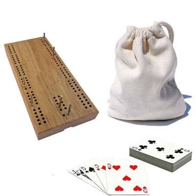 7 Inch Travel Cribbage Set - Solid Hardwood Board with Cards and Bag