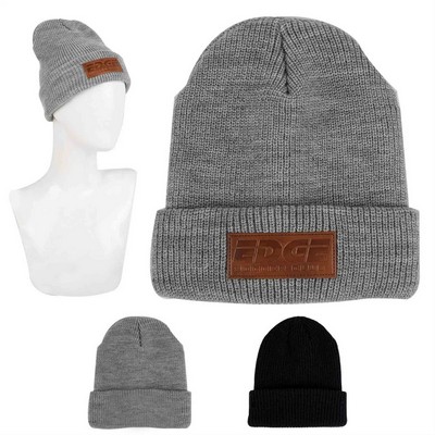 Cuffed Knit Beanie with Faux Leather Patch