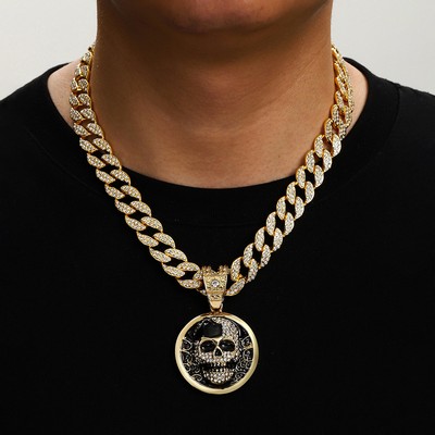 Gold Cuban Chain Gold Skull Pendant Necklace Diamond Studded Necklace