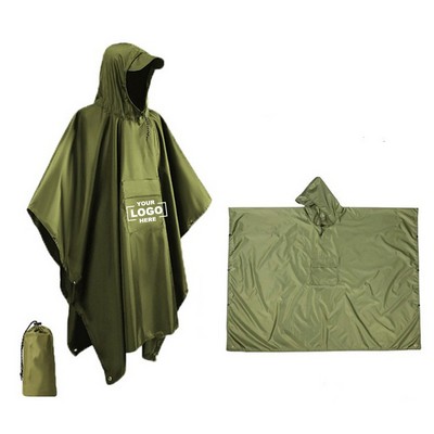 Adult Waterproof Hooded Rain Poncho with Pocket 3 in 1 Canopy and Ground Mat