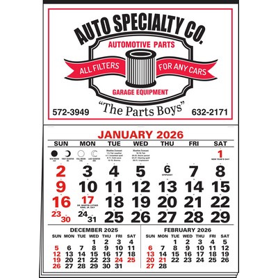 3-Months-In-View 2 Color Imprint Half Apron Calendar (Red & Black)