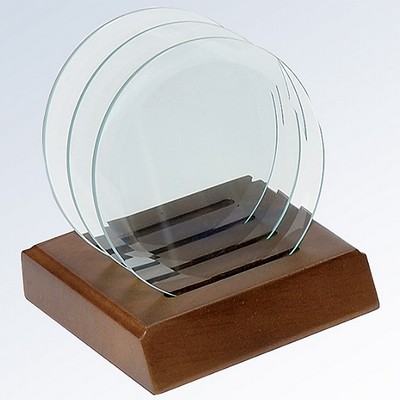 4-Piece Glass Circle Coaster Set with Walnut Base