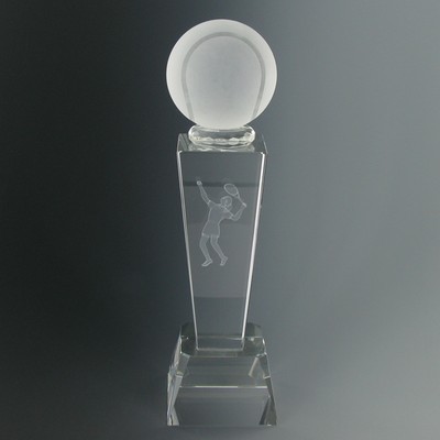 8¾" Optical Cut Crystal Tennis Trophy w/Tennis Ball & Female Player