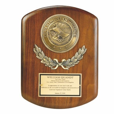 Walnut Plaque w/Department of Justice Medallion & Engraving Plate (9"x12")