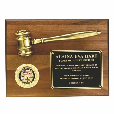 Plaque Genuine Walnut Finish w/Metal Gavel Holds 2" Insert (9"x12")