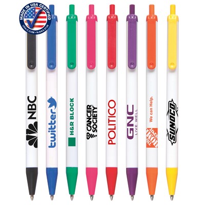 Union Printed - USA Made - White Barrels - Click-A-Stick Pens with Pocket Clip - 1-Color Logo