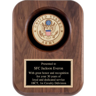 Walnut Finish Plaque with Cast Metal Army Insignia, 9"x12"