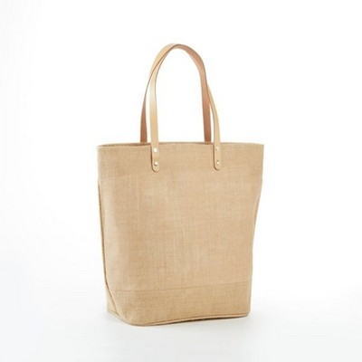 Large Leather Handled Jute Tote Bag w/Zippered Closure & Zippered Inside Pocket (19"x14"x6")