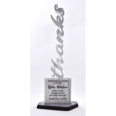 Vertical word on 3 tier asymmetric base with full color imprint. Overall size 12" tall.