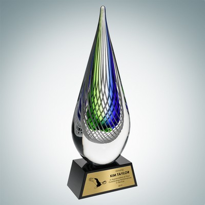 Art Glass Ocean Green Narrow Teardrop Award w/Black Base & Gold Plate