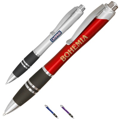 Silver Accent Plastic Pens w/ Rubber Grips & Colorful barrel