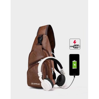 Men's PU Leather Sling Bag Chest Shoulder Backpack Crossbody Bag W/USB Charging Port