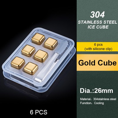 Gold 6 PCS Stainless Steel Ice Cube Set Silicone Clip