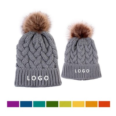 2PC Parent Kid Matching Beanie with Pom-pom