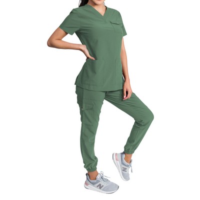 Maple | Women's Stretch Scrub Set Snap Closure Chest Pocket Top and Gathered Jogger Pants