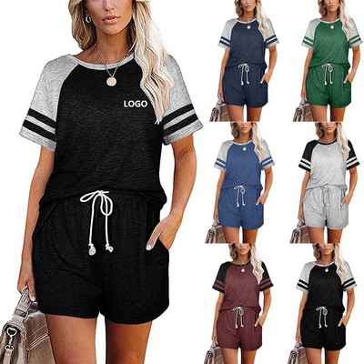 Women'S Stripe Casual Sleeve T-Shirt And Shorts