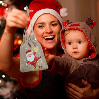 Christmas Burlap Candy Pouch w/Drawstring Closure