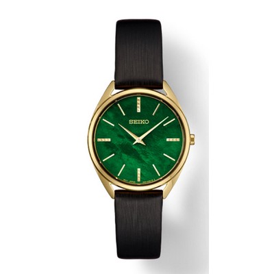 Seiko Women's Essentials Collection Green Quartz Dial Black Leather Strap Watch