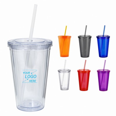 16 oz Translucent Plastic Tumbler with Lid and Straw