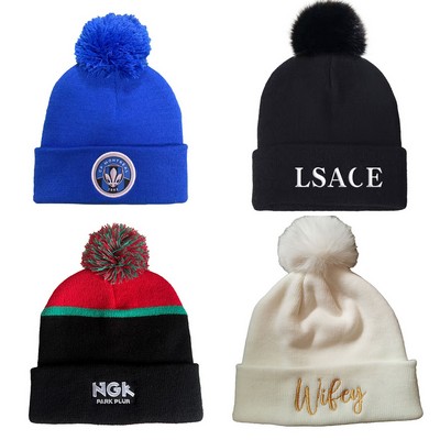 Two-Tone Patch Pompom Beanies