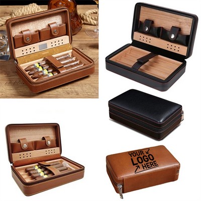 Portable Leather Cedarwood Cigar Humidor Travel Case, Storage Bag