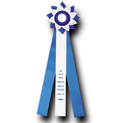 Custom Pleated, Double Flower Rosette Ribbon w/ 3 Streamers (7"x23")