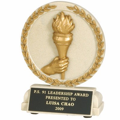 Cast Stone Medal Holding Torch Trophy