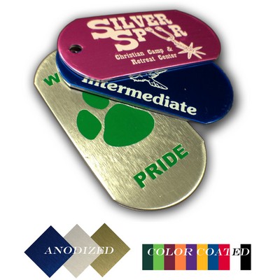 Military style Aluminum Dog Tag shaped key tag (1 1/8" x 2 1/4") w/ an epoxy screen printed imprint.