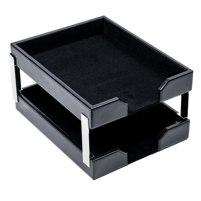 Bonded Leather Black Double Letter Tray w/Silver Post