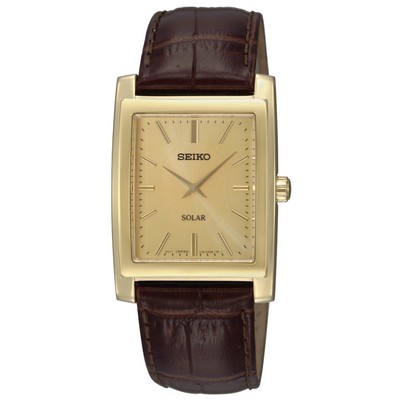 Seiko Men's Solar Champagne Dial Brown Leather Strap Watch