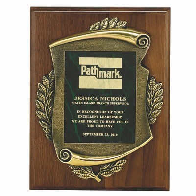 Genuine Walnut Plaque w/Antique Brass Frame Around Colored Plate (12"x15")