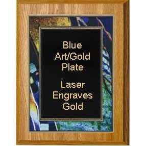 Oak Plaque 8" x 10" - Blue/Gold Art Plaque 6" x 8" Plate