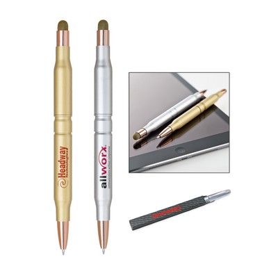 Twist action 2 in 1 ballpoint pen with fiber cloth capacitive stylus.