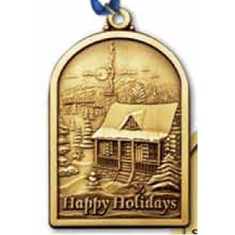 Solid Brass 1.5" Brass Winter Cabin w/ Reverse Full Color Imprint